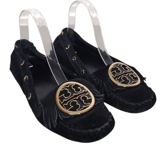 BLONDIE LOGO-PLAQUE LOAFERS IN TIGER ORANGE SUEDE WITH GOLD HARDWARE